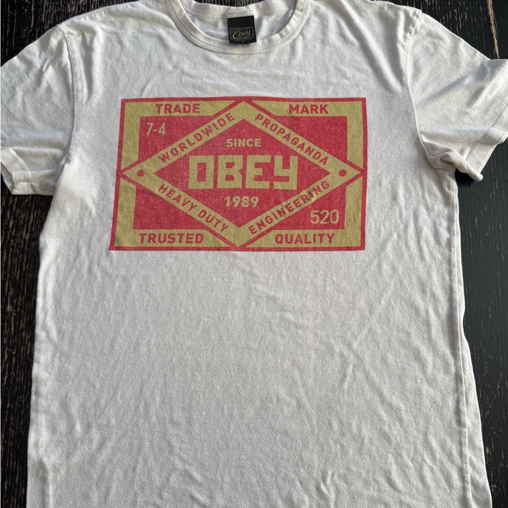 Obey White Tee with Red and Gold Graphic Skater